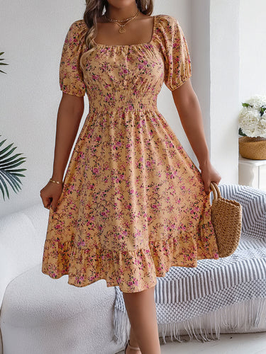 1783904 A-Line Short Sleeves Contrast Color Elasticity Flower Print Ruffle Trim Split-Joint Square-Neck Midi Dresses