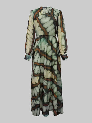 Balloon Sleeves Long Sleeves Big Hemline Contrast Color Pleated Print Zipper Stand Collar Maxi Dresses