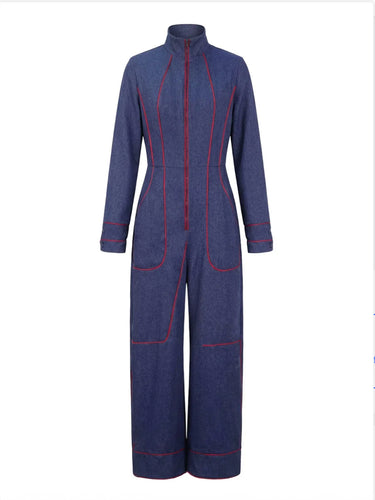 Long Sleeves Wide Leg Zipper Stand Collar Jumpsuits