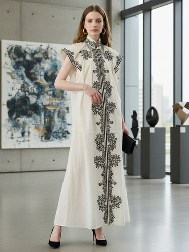 1755579 A-Line Loose Contrast Color Pleated Printed Split-Joint Stand Collar Maxi Dresses