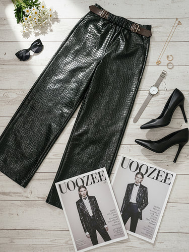 1716134 Loose Wide Leg Crocodile Texture Leather Loop Pants