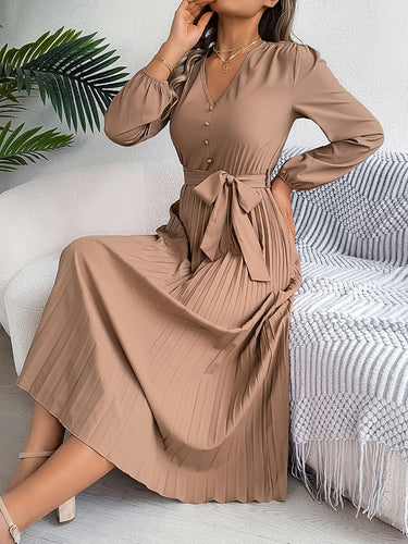1713847 High Waisted Long Sleeves Belted Buttoned Pleated Solid Color V-Neck Maxi Dresses