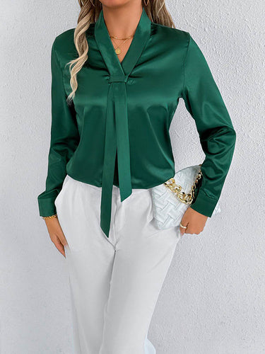 1728964 Long Sleeves Loose Solid Color Split-Joint Streamer Scarf Collar Blouses&Shirts Tops