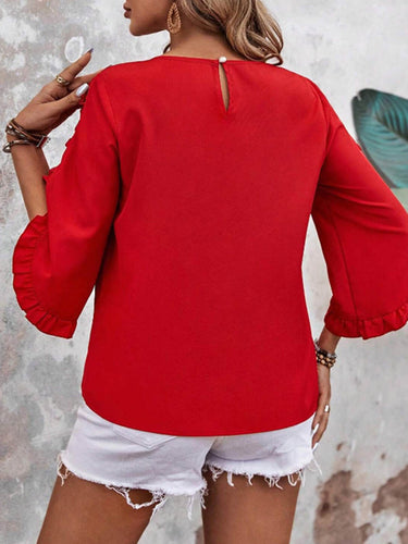 1753125 Batwing Sleeves Long Sleeves Ruffled Solid Color Split-Joint Round-Neck Blouses&Shirts Tops