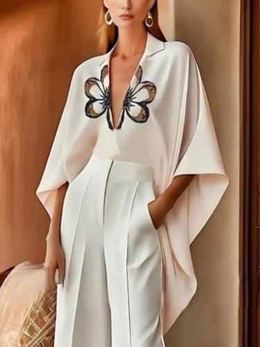 Batwing Sleeves High-Low Flower Print V-Neck Blouses&Shirts Tops