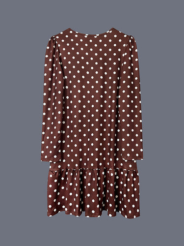 1729436 A-Line Long Sleeves Contrast Color Pleated Polka-Dot Split-Joint Round-Neck Midi Dresses