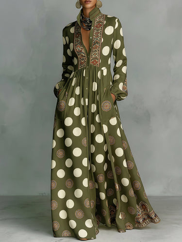 High Waisted Long Sleeves Big Hemline Buttoned Contrast Color Pleated Pockets Polka-Dot Stand Collar Maxi Dresses