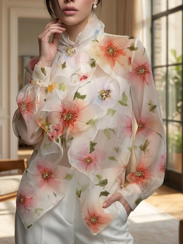 Long Sleeves Loose Flower Print Ruffled Tied Stand Collar Blouses&Shirts Tops