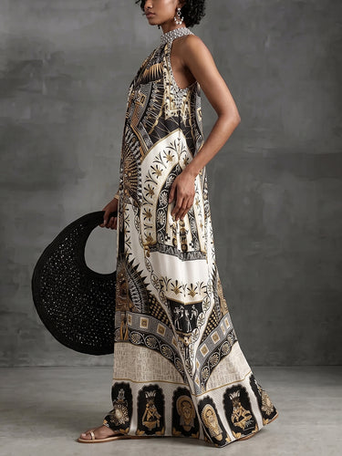 1785739 A-Line Loose Contrast Color Printed Zipper Halter-Neck Maxi Dresses
