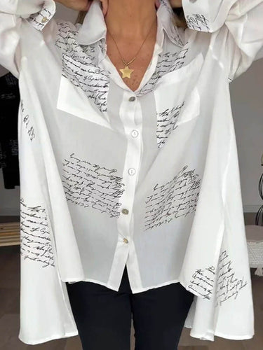 1782317 High-Low Long Sleeves Contrast Color Letter Print Pockets Lapel Blouses&Shirts Tops