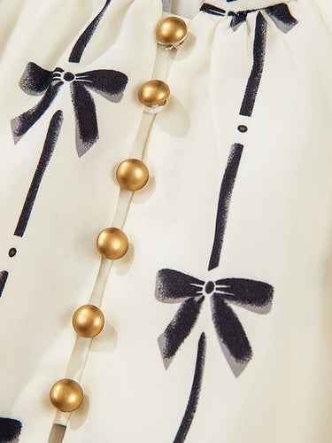 1729429 A-Line Loose Bowknot Contrast Color Printed Split-Joint Stand Collar Midi Dresses