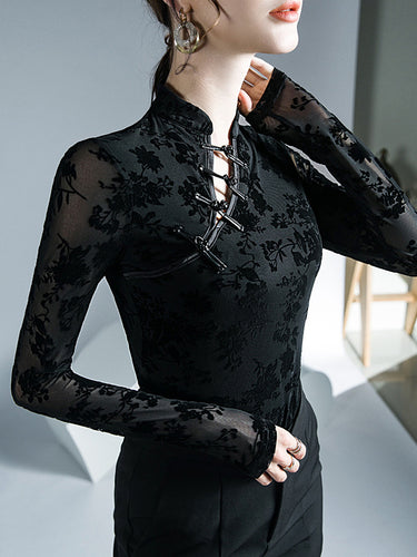 1726452 Long Sleeves Skinny Buttoned Flower Print Mesh Mock Neck T-Shirts Tops