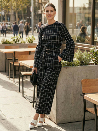 Flared Sleeves Long Sleeves Contrast Color Plaid Split-Joint Round-Neck Blouses&Shirts Tops