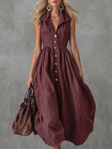 1778554 High Waisted Loose Buttoned Pleated Solid Color Lapel Maxi Dresses
