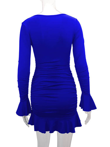 1726370 Bodycon Elasticated Waist Pleated Ruffled Solid Color Split-Joint V-Neck Midi Dresses