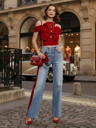 Wide Leg Bow-Embellished Contrast Color Jean Pants Bottoms