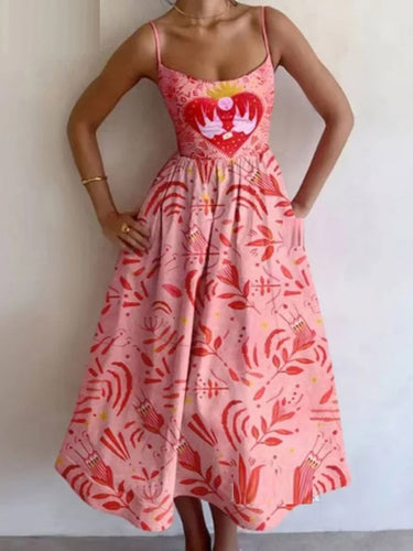 1751253 Elasticated Waist High Waisted Contrast Color Pleated Printed Split-Joint Spaghetti-Neck Midi Dresses