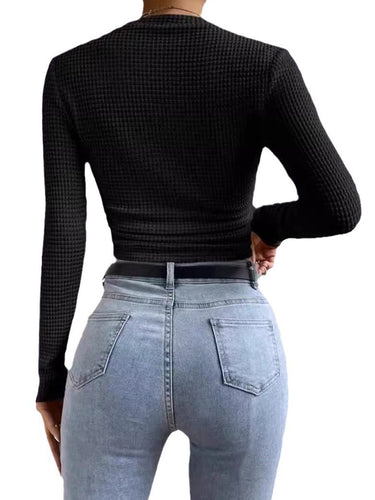 1752808 Long Sleeves Skinny Pleated Solid Color Split-Joint Textured Waffle Check Round-Neck T-Shirts Tops