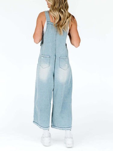 1783227 Cropped Wide Leg Buttoned Pockets Solid Color Adjustable Straps Overalls