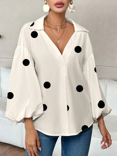 1780310 Long Sleeves Loose Contrast Color Pleated Polka Dot Split-Joint Lapel Blouses&Shirts Tops