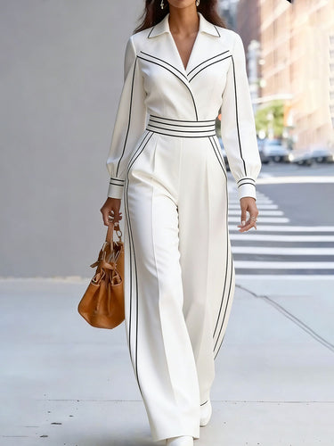 High Waisted Long Sleeves Contrast Color Pleated Pockets Notched Collar Jumpsuits