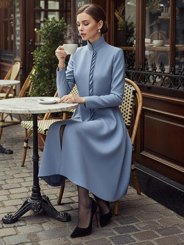 A-Line Bodycon Asymmetric Pleated Pockets Solid Color Split-Joint Stand Collar Midi Dresses