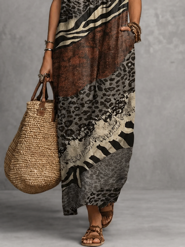 1781441 Loose Sleeveless Pockets Printed Ruffled V-Neck Maxi Dresses