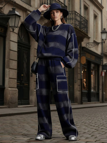 Loose Wide Leg Contrast Color Line Pockets Split-Joint Striped Pants