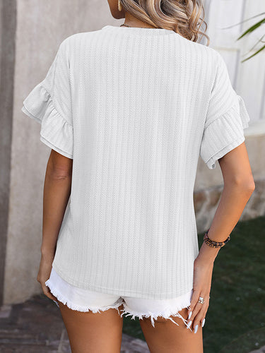 1442195 Wrap Falbala Solid Color Round-Neck T-Shirts Tops