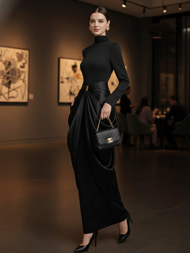 Long Sleeves Buckle Draped High-Neck Evening Dresses Maxi Dresses