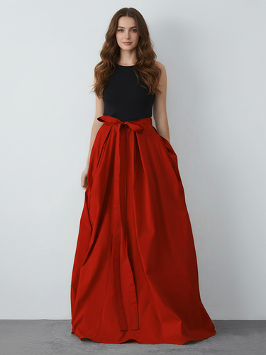 1723139 A-Line Elasticated Waist Bow-Embellished Pockets Solid Color Streamer Zipper Skirts Bottoms