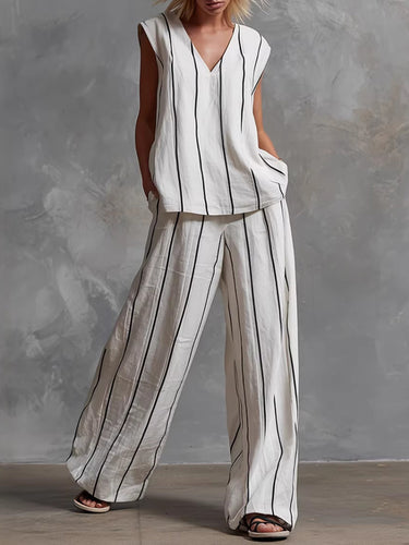 1785451 Loose Plus Size Pockets Striped V-Neck Vest Top + Pants Bottom Two Pieces Set