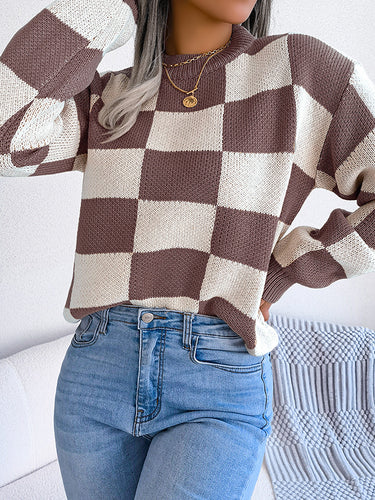 1713686 Long Sleeves Loose Contrast Color Plaid Round-Neck Sweater Tops