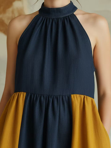 1786695 A-Line Loose Buttoned Contrast Color Pleated Pockets Split-Joint Halter-Neck Maxi Dresses