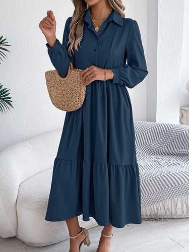 1713683 High Waisted Long Sleeves Pleated Ruffled Solid Color Lapel Midi Dresses Shirt Dress