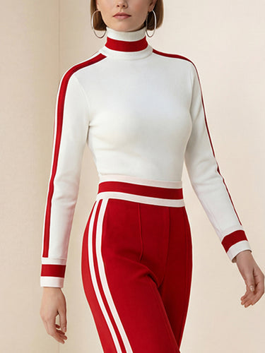 Long Sleeves Skinny Contrast Color Split-Joint Striped High Neck T-Shirts Tops