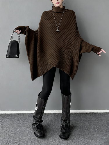 Batwing Sleeves Irregularity Asymmetric Ribbed Knit Solid Color Split-Joint High Neck Sweater Tops