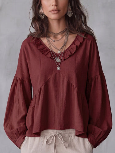 1781255 Long Sleeves Loose Pleated Ruffle Trim Solid Color Split-Joint Deep V-Neck Blouses&Shirts Tops