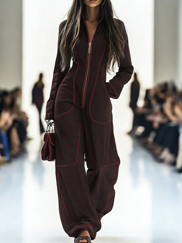 Long Sleeves Wide Leg Zipper Stand Collar Jumpsuits