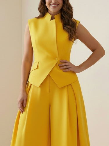 Elasticated Waist High Waisted Asymmetric Buttoned Solid Color Split-Joint Stand Collar Tank Top