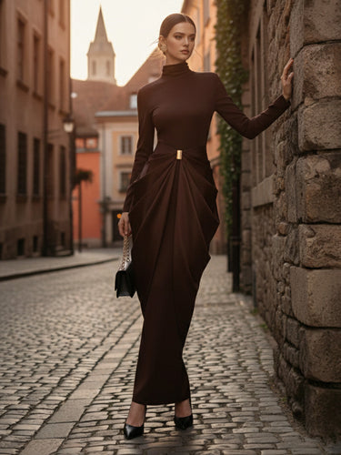 Long Sleeves Buckle Draped High-Neck Evening Dresses Maxi Dresses