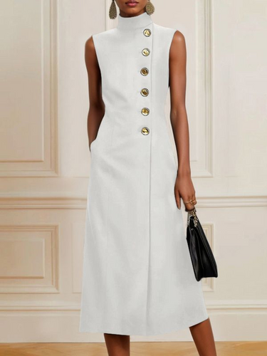 1666959 Loose Sleeveless Asymmetric Split-Joint High Neck Midi Dresses