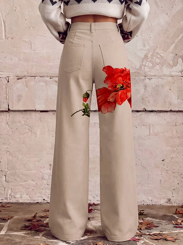 1785396 High Waisted Plus Size Buttoned Flower Print Pockets Pants Trousers