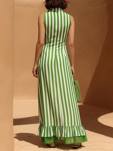 1781411 A-Line Loose Contrast Color Pockets Ruffled Split-Joint Striped Zipper Stand Collar Maxi Dresses