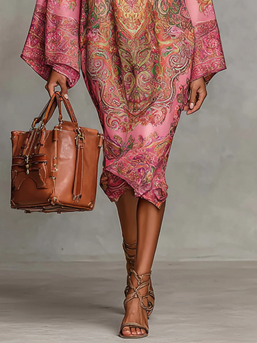 1721590 Long Sleeves Loose Contrast Color Printed Mock Neck Midi Dresses