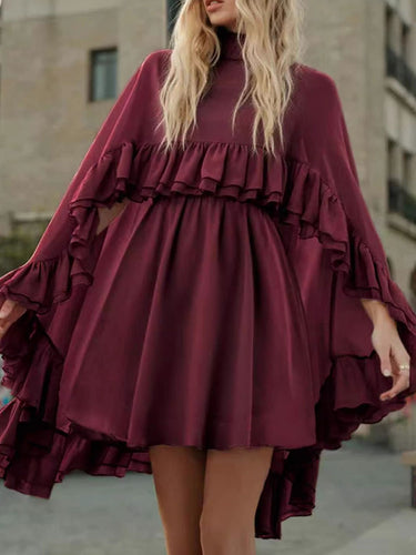 1755941 High Waisted Sleeveless Pleated Ruffled Solid Color Split-Joint Tied Mock Neck Mini Dresses Two Pieces Set