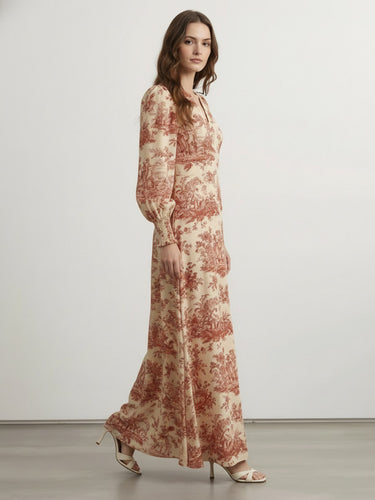 1745588 Elasticated Waist High Waisted Contrast Color Pleated Printed Split-Joint V-Neck Maxi Dresses