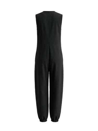 Combinaisons sans manches à jambes larges et poches boutonnées de couleur unie à col en V
