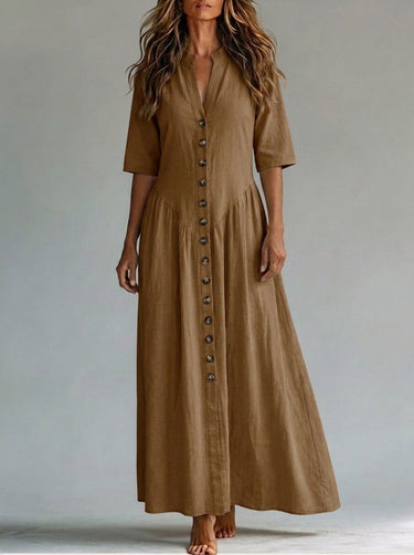 1785836 Half Sleeves Puff Sleeves Buttoned Pleated Solid Color Split-Joint Deep V-Neck Maxi Dresses