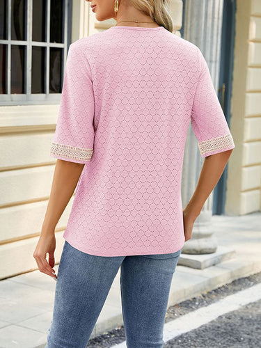 1499234 Loose Short Sleeves Contrast Color Hollow Split-Joint V-Neck T-Shirts Tops